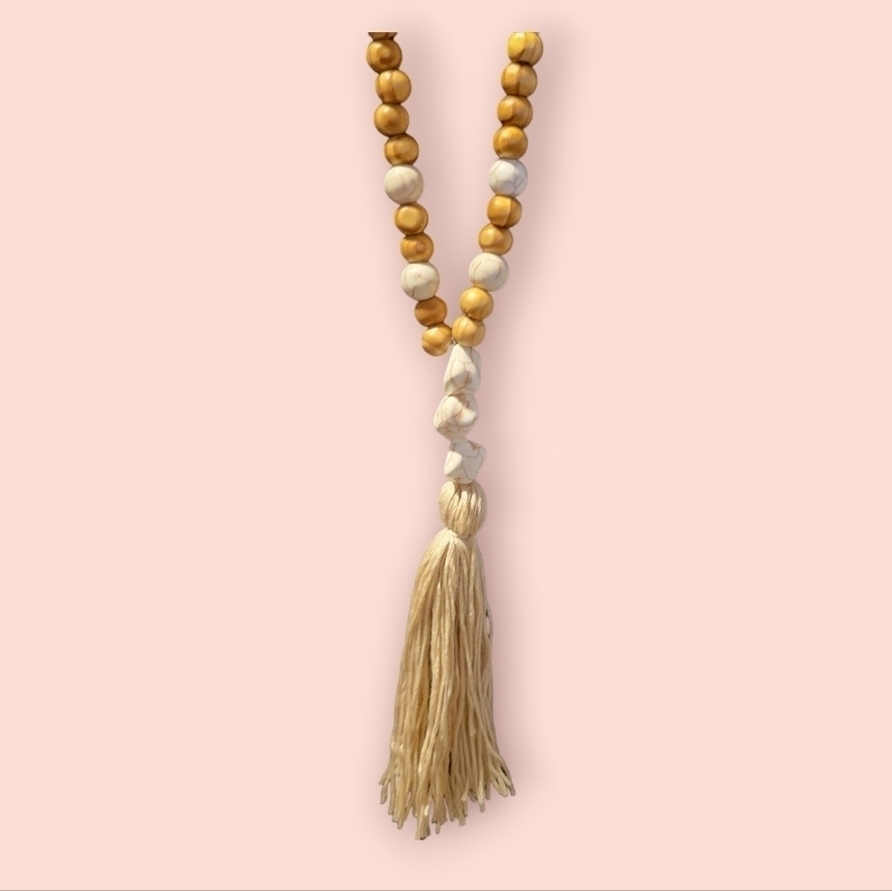 Vintage Boho Wooden Bead Stone Long Tassel Necklace - Picture 2 of 4
